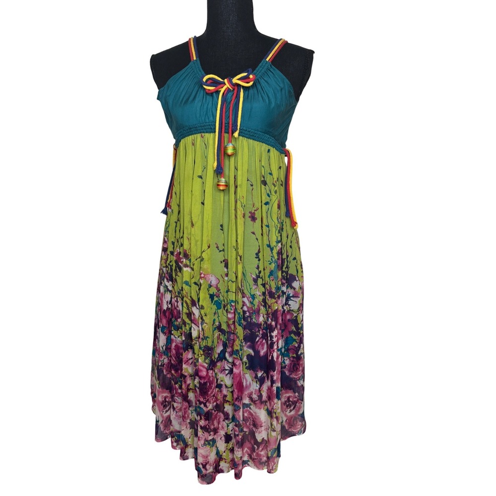 Chloe Silk Floral Empire Waist Dress‎ Teal Green Made in Italy 38 4AT515-4A510